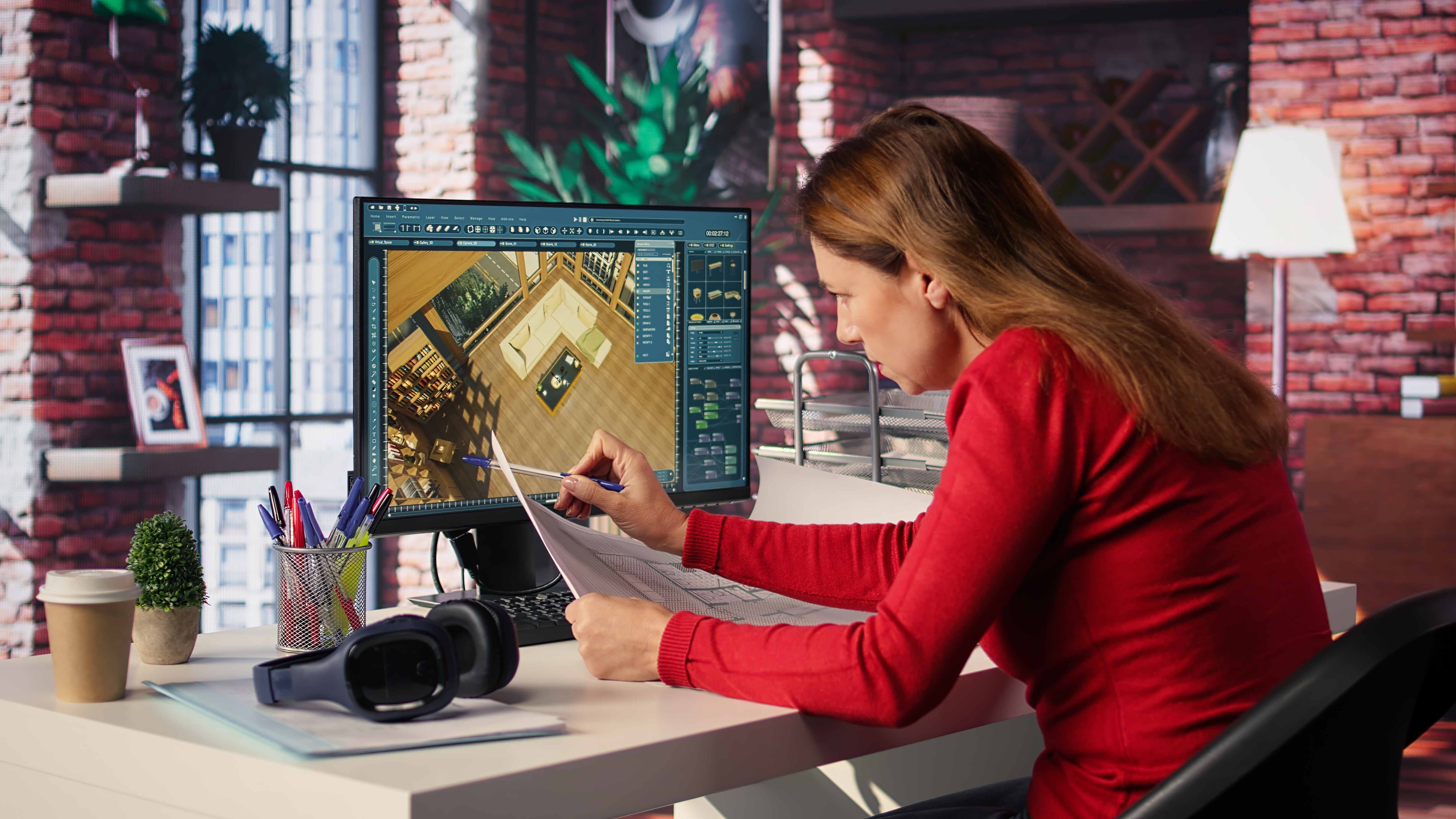 remote worker creative office uses cad software blueprints plan