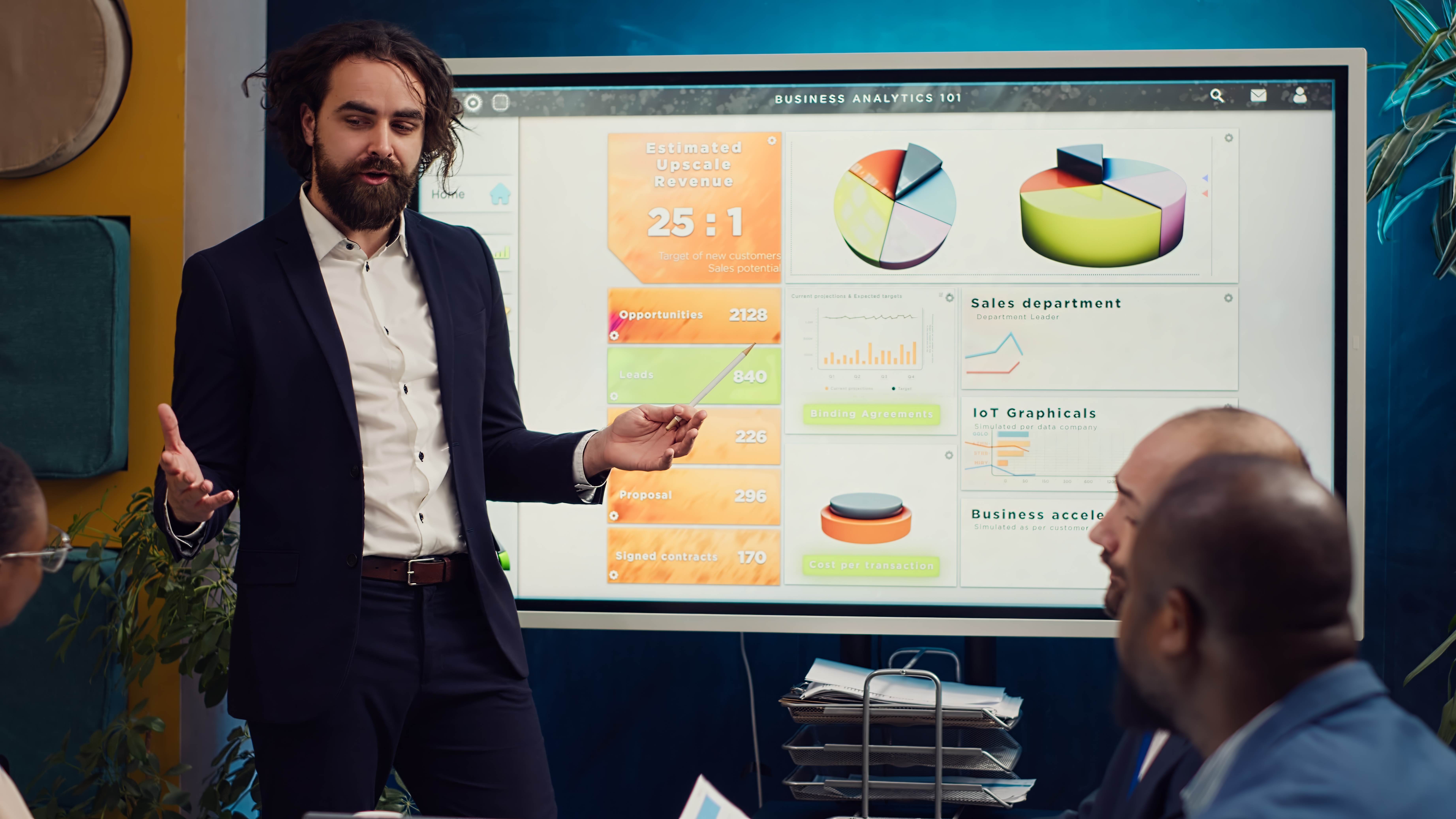 team leader showing infographics data interactive board