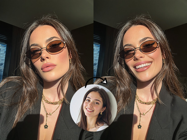 AI expression swap changing a neutral face into a smiling face