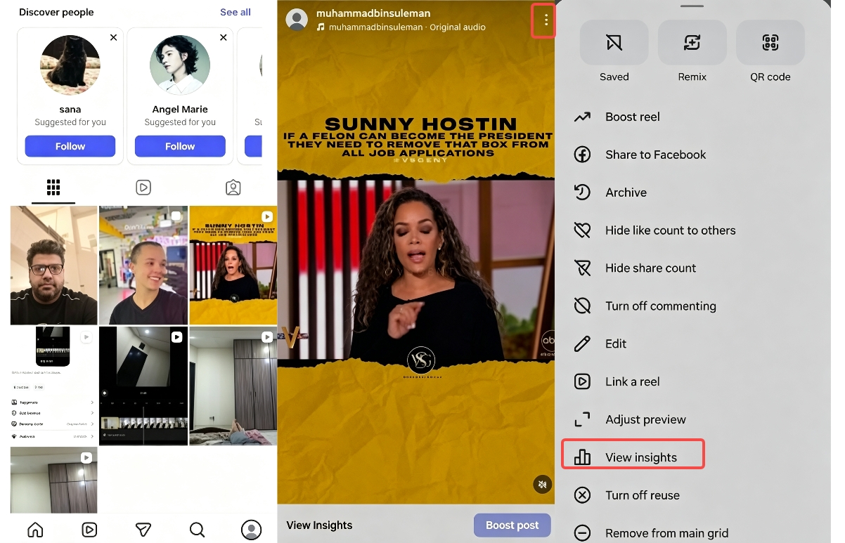 Open Instagram Reels and view insights