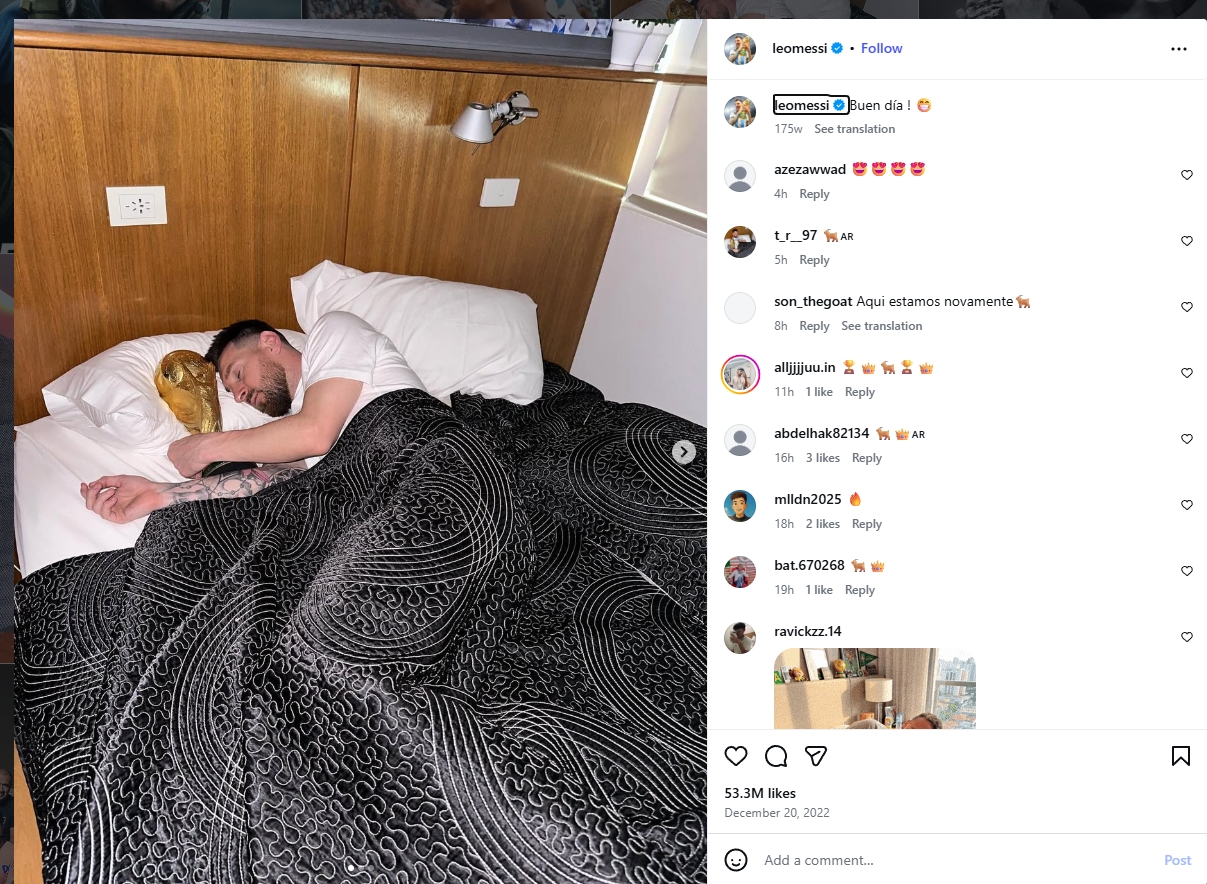Messi in bed with the World Cup trophy
