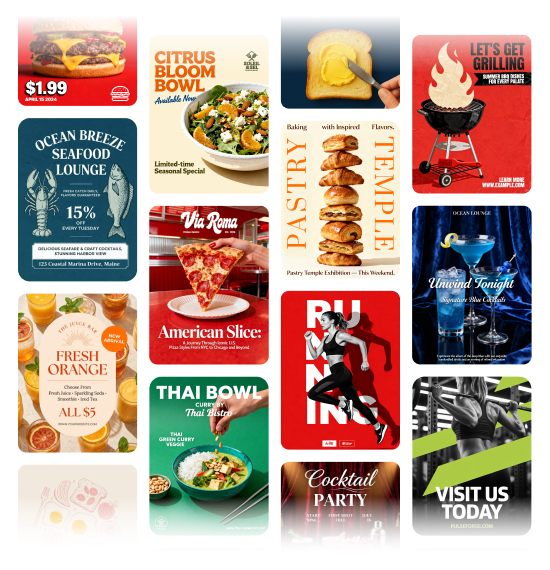 It showcases the stylistic versatility and professional quality of the AI Poster Generator by featuring 14 distinct posters that cover a wide range of uses, from retail sales and community events to nightlife promotion and fitness advertising. This broad display establishes the brand as a universal, high-quality design solution for everyone.