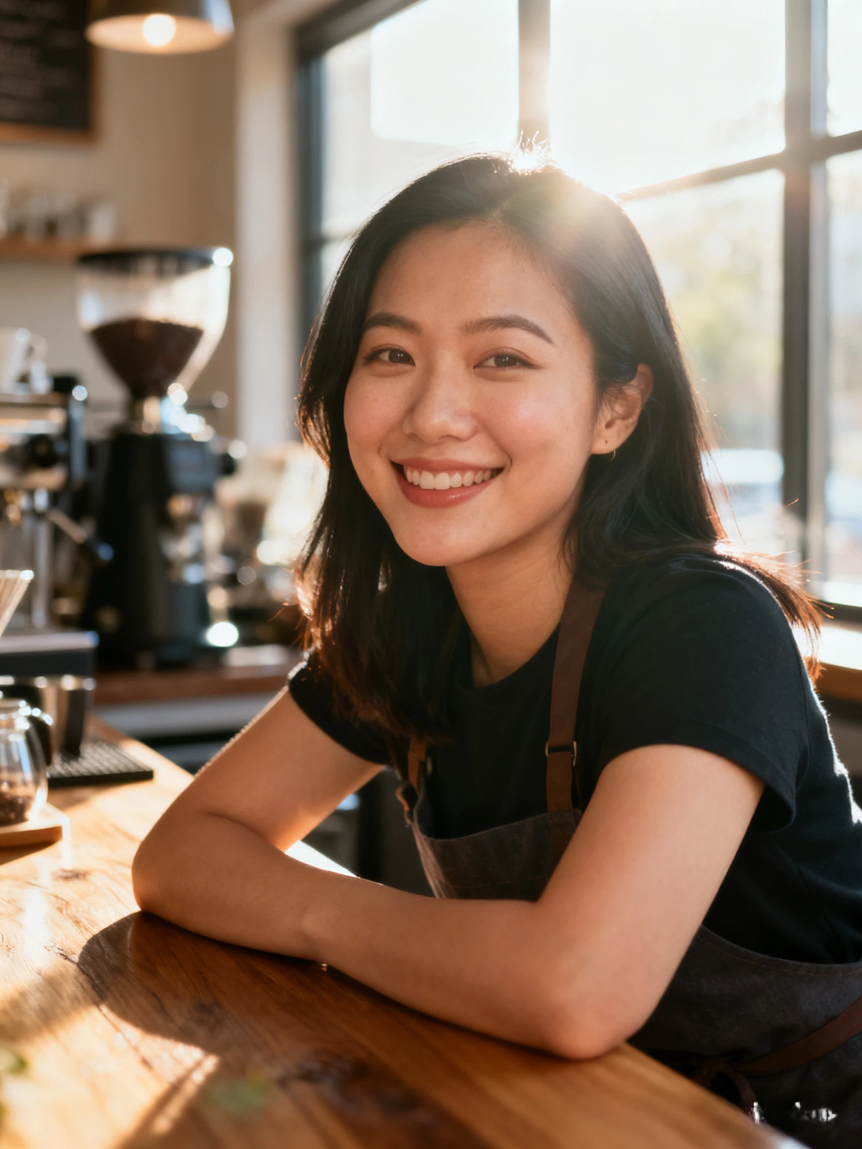 Portrait of a café owner in a warm, cozy coffee shop setting.