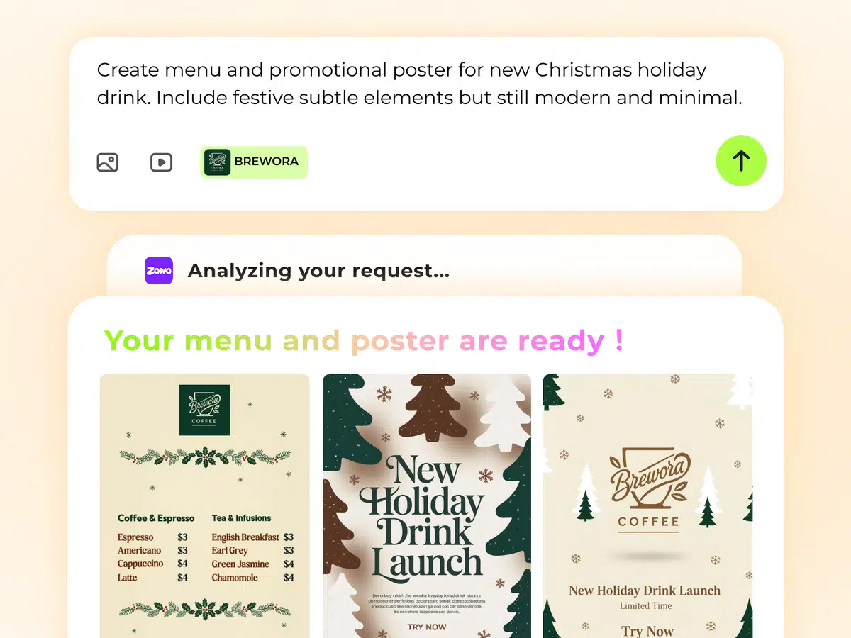 Christmas marketing menu and poster designed with Zawa, featuring festive graphics and the visible prompt interface.