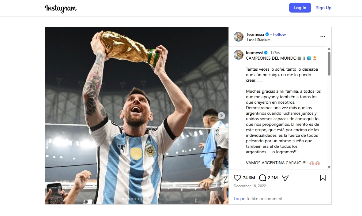 Messi celebrating Argentina's 2022 World Cup victory