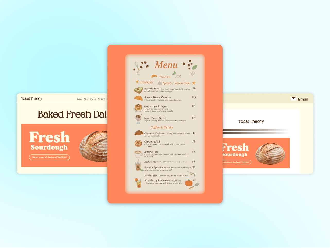 Warm, cozy café and bakery menu design featuring inviting food visuals.