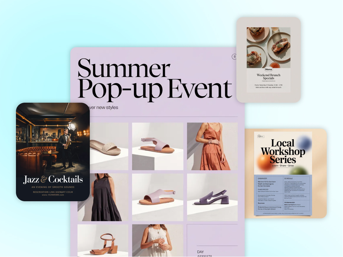 Display of flyers generated by X-Design’s AI flyer generator for different business occasions.