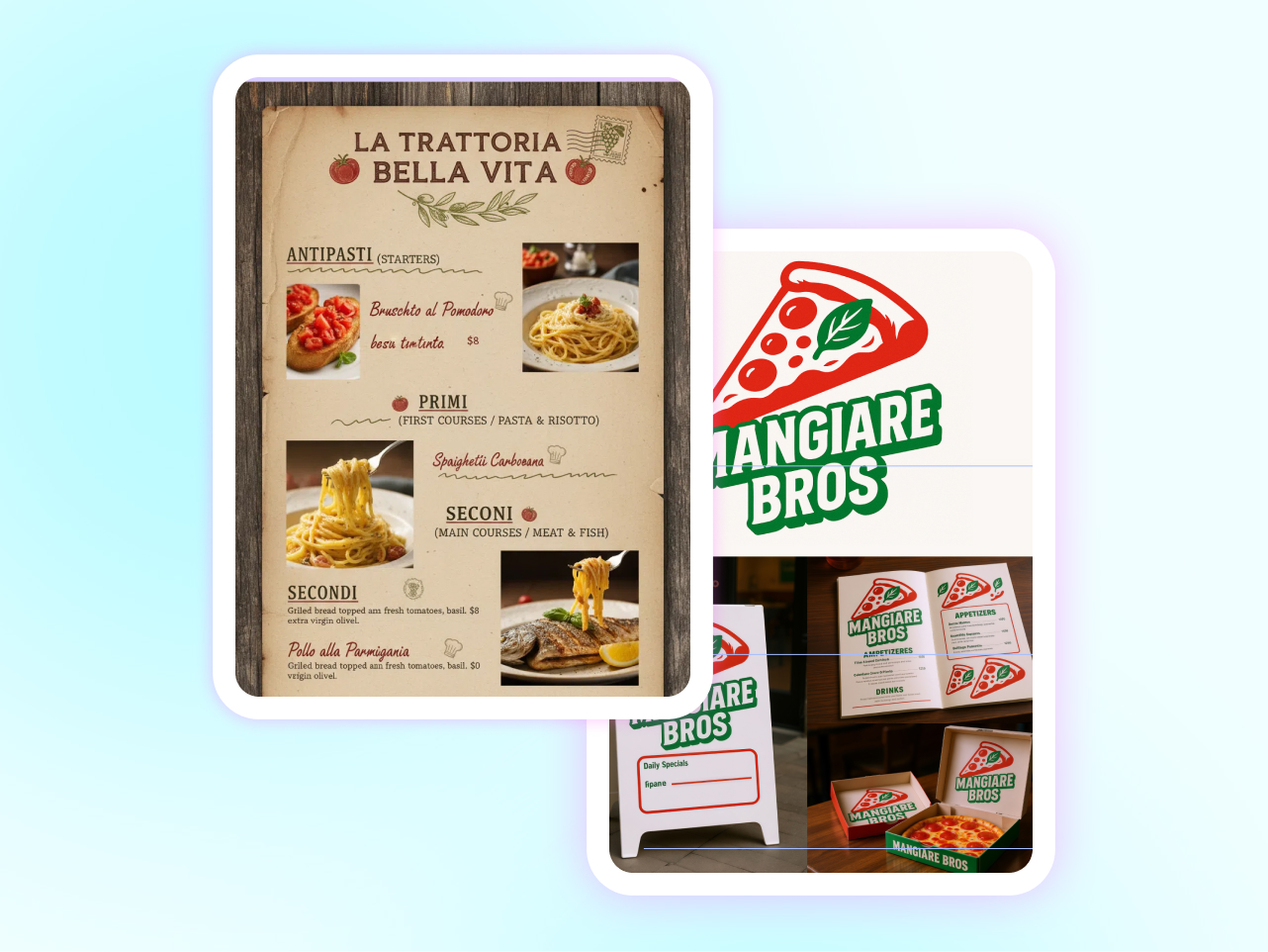 Classic Italian menu design with rustic textures and authentic dish imagery.