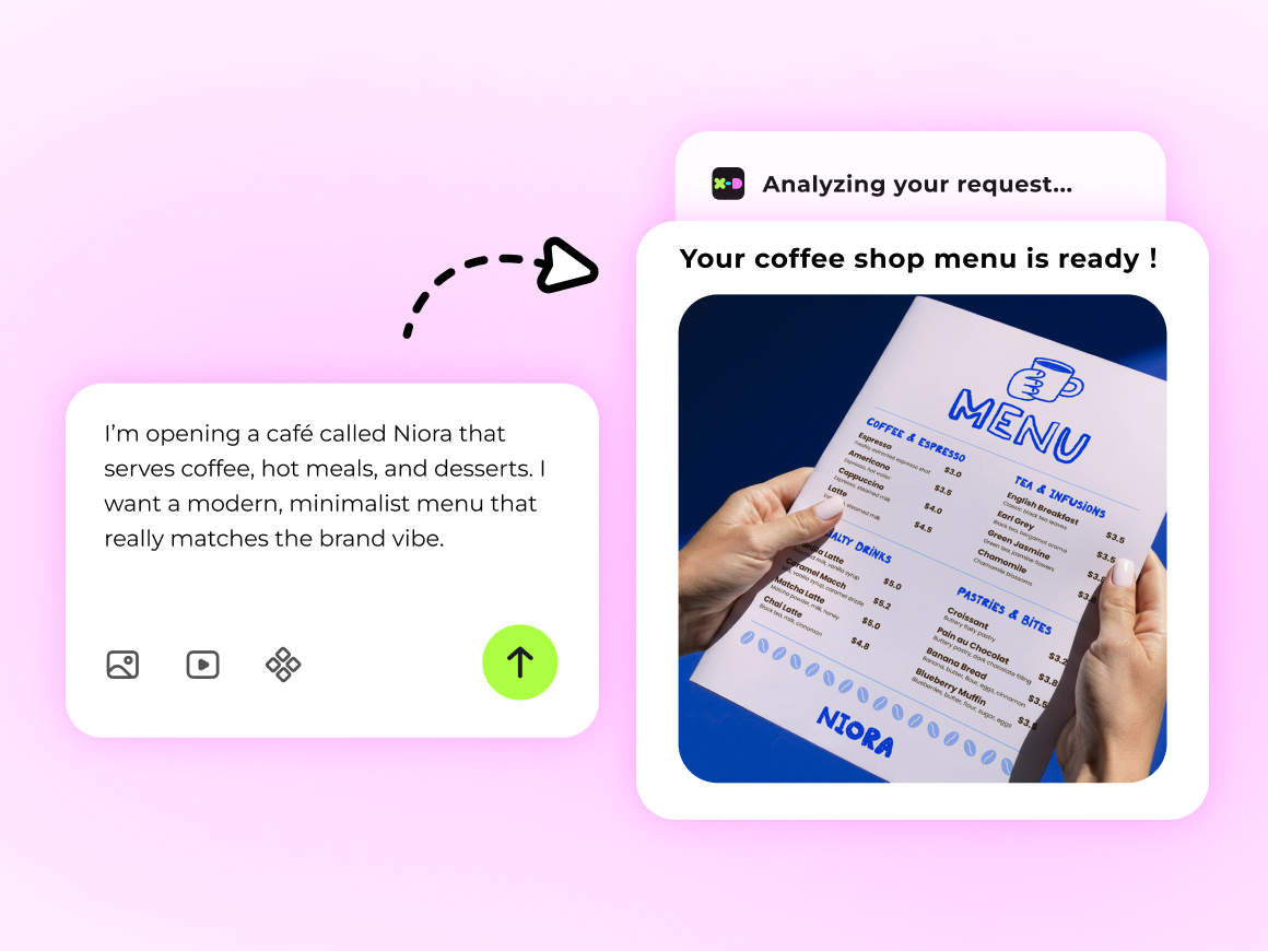 nterface showing one-sentence AI input generating menus that match industry category and brand style.