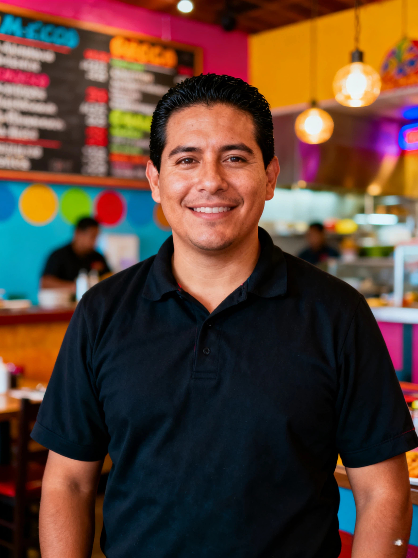 Portrait of a fast casual restaurant manager in a bright, energetic restaurant environment.