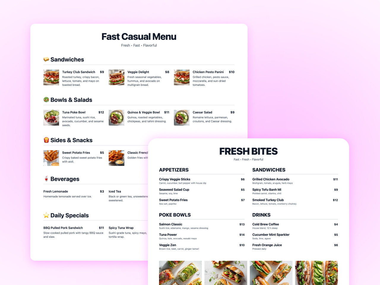 Clean, easy-to-read fast casual menu design with bold layout and clear pricing.