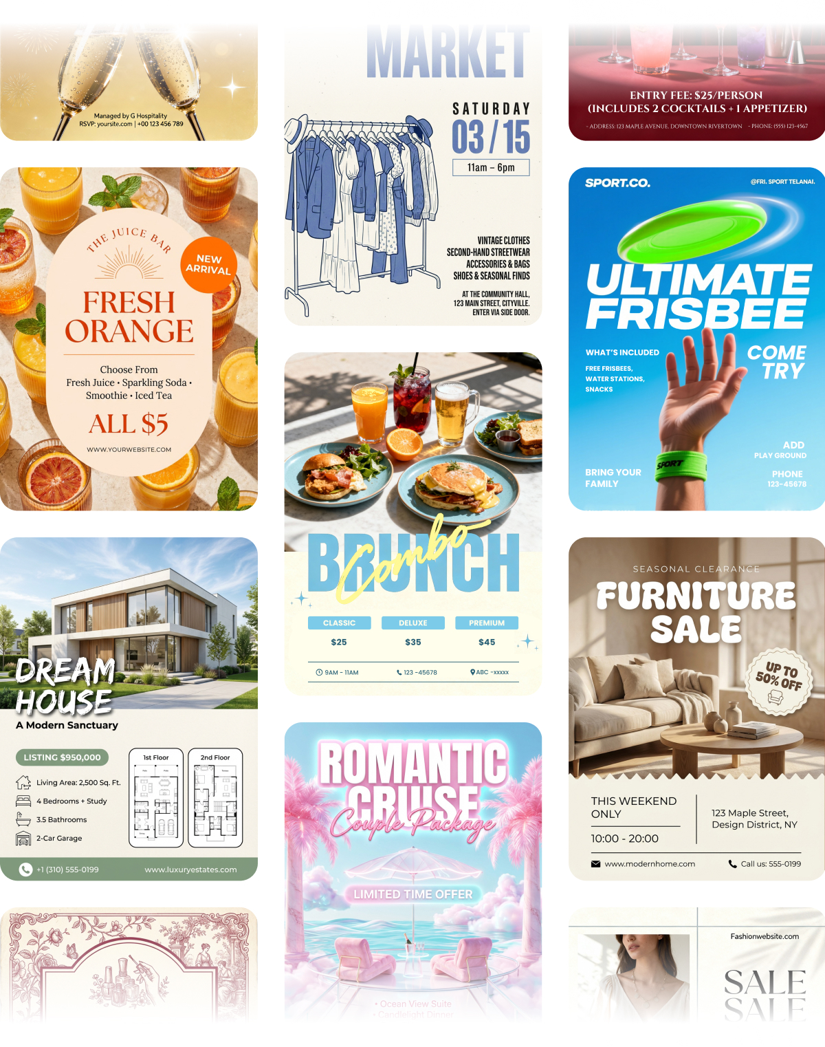 A visual gallery of restaurant, retail, beauty, community, and entertainment flyer examples.