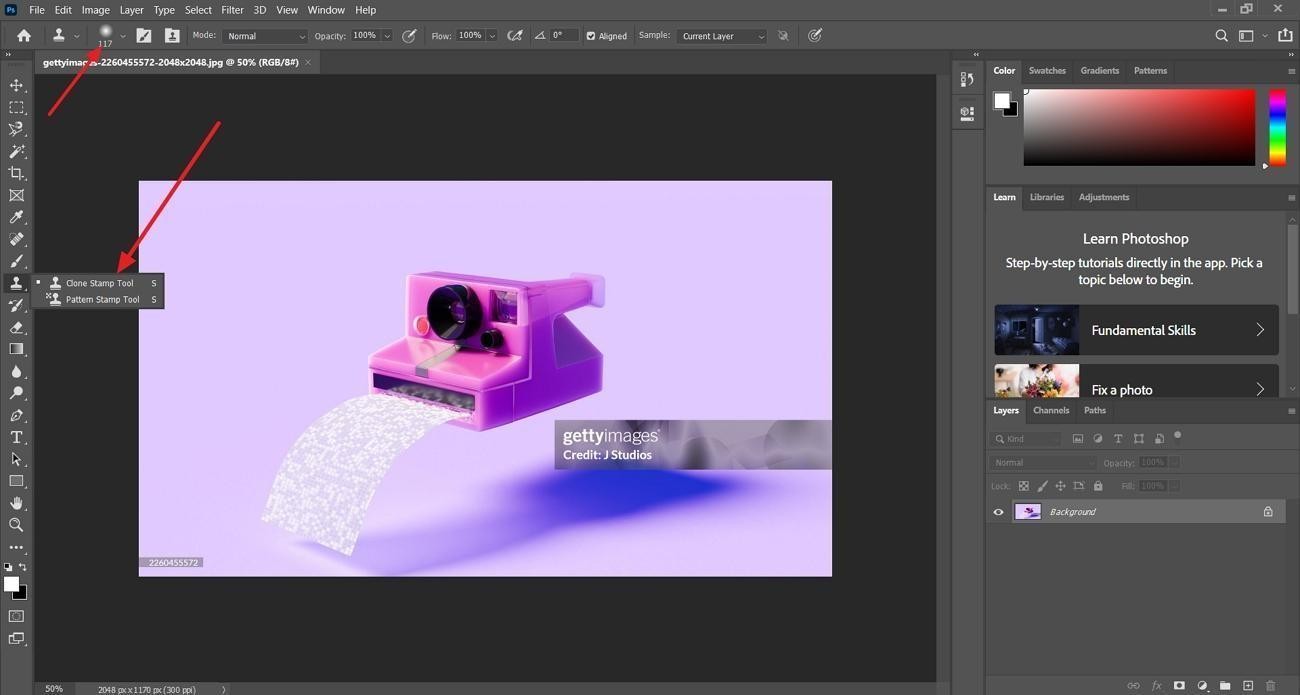 using clone stamp tool getty watermarks
