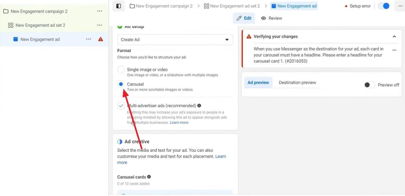 select carousel format in ads manager 