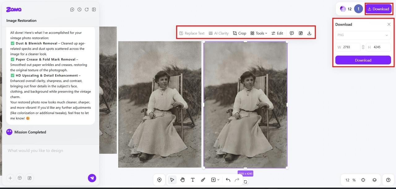 Enhance and download restored vintage photo
