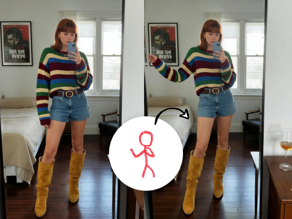 AI pose changer transforming a selfie into a new posture