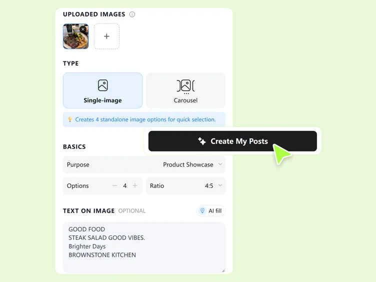 Configurações do gerador de posts para redes sociais com Criar minhas publicações selecionado