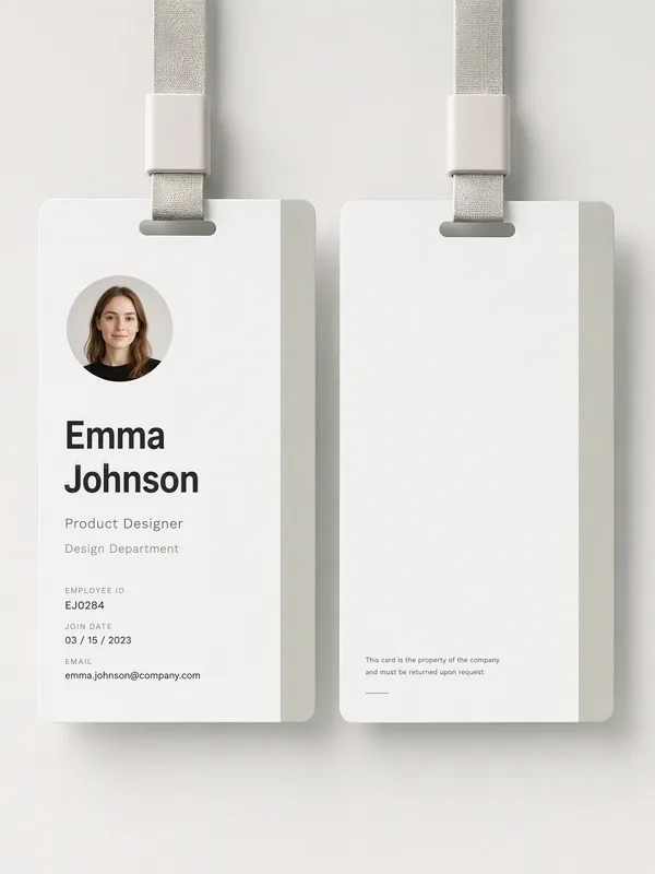 Employee ID card design with portrait area, name, job title, department, and organization details.