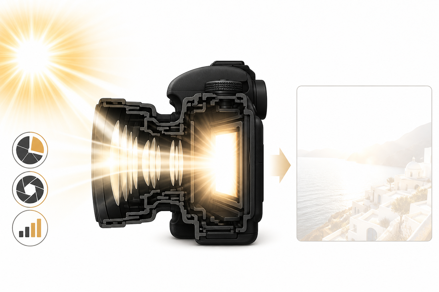 Diagram showing strong light flooding a camera sensor and producing an overexposed photo with washed-out highlights. Diagram showing strong light flooding a camera sensor and producing an overexposed photo with washed-out highlights.