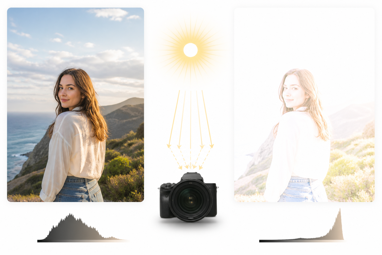 Side-by-side comparison of a correctly exposed photo and an overexposed image with blown-out highlights and lost detail. Side-by-side comparison of a correctly exposed photo and an overexposed image with blown-out highlights and lost detail.