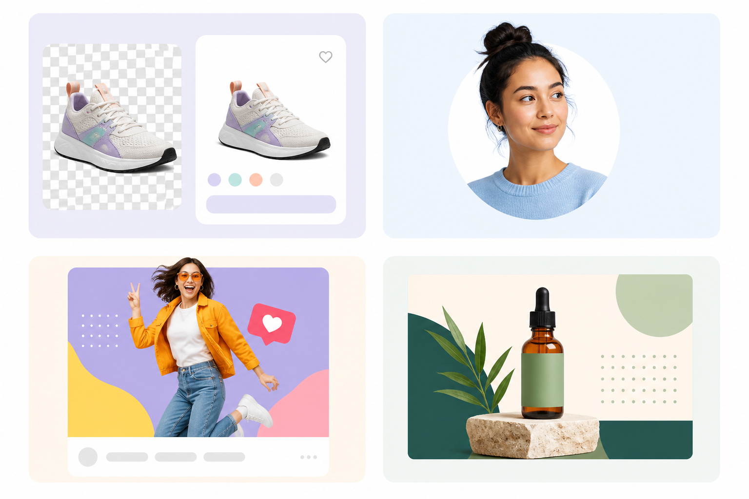 Four use cases for AI background removal: product cutouts, portrait profiles, social media graphics, and marketing layouts. Four use cases for AI background removal: product cutouts, portrait profiles, social media graphics, and marketing layouts.