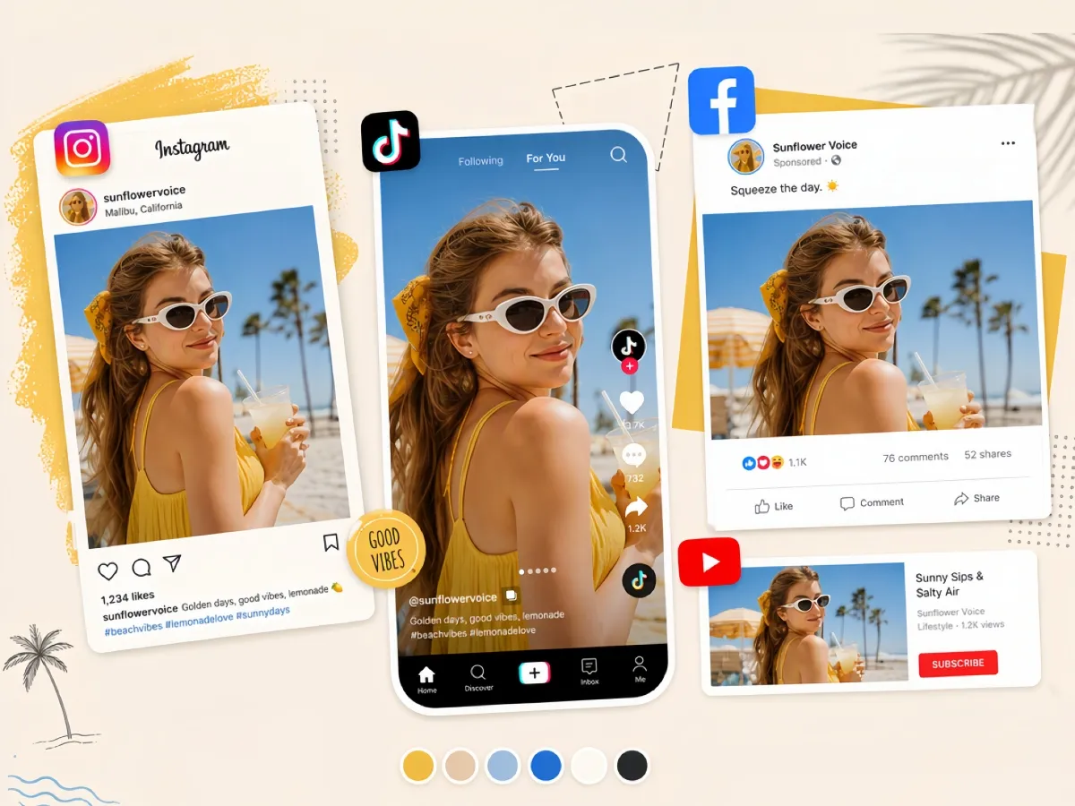 Uma foto de praia adaptada para os formatos do Instagram, TikTok, Facebook e YouTube