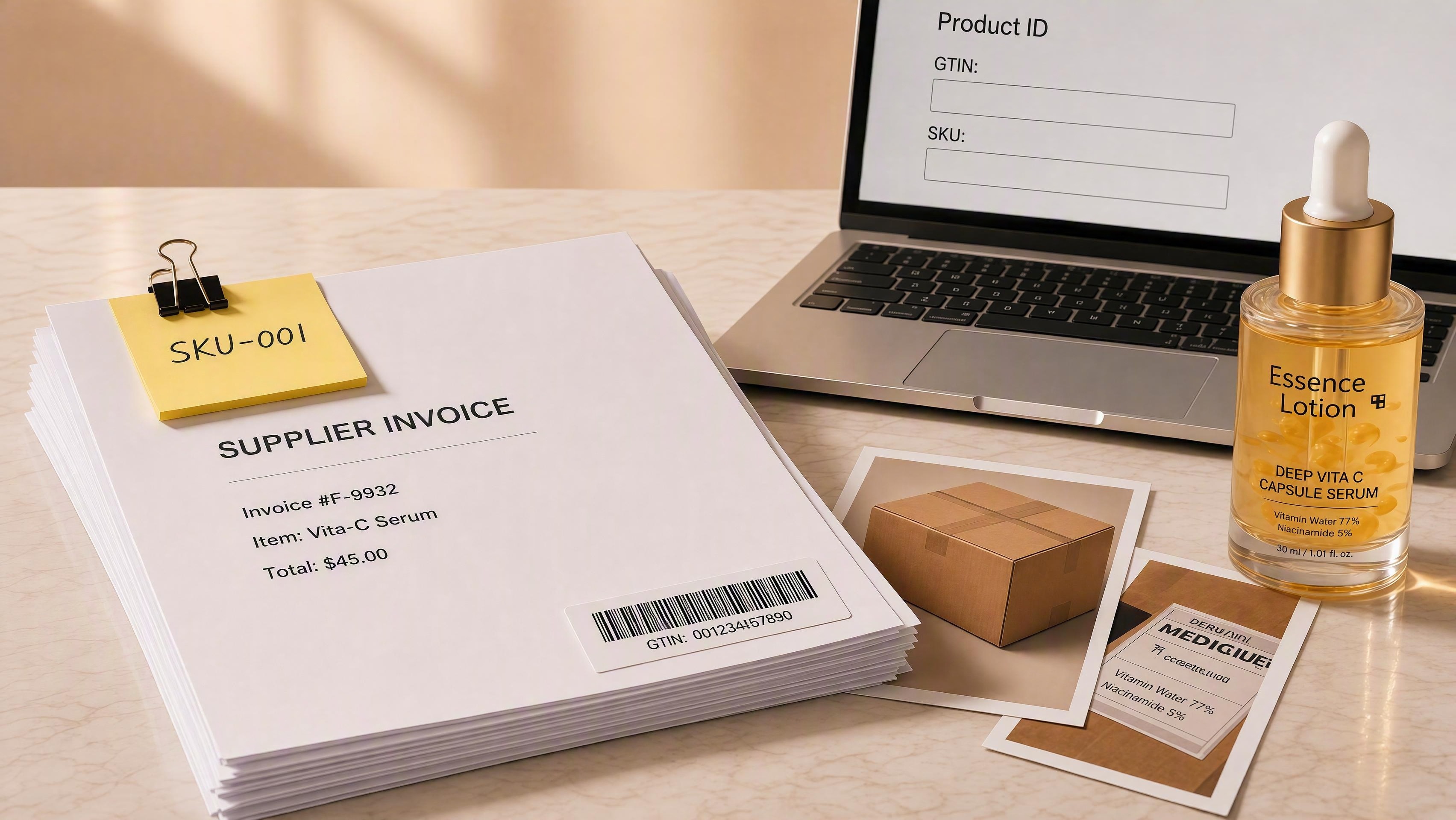 Supplier invoice, SKU note, and GTIN barcode beside a serum bottle
