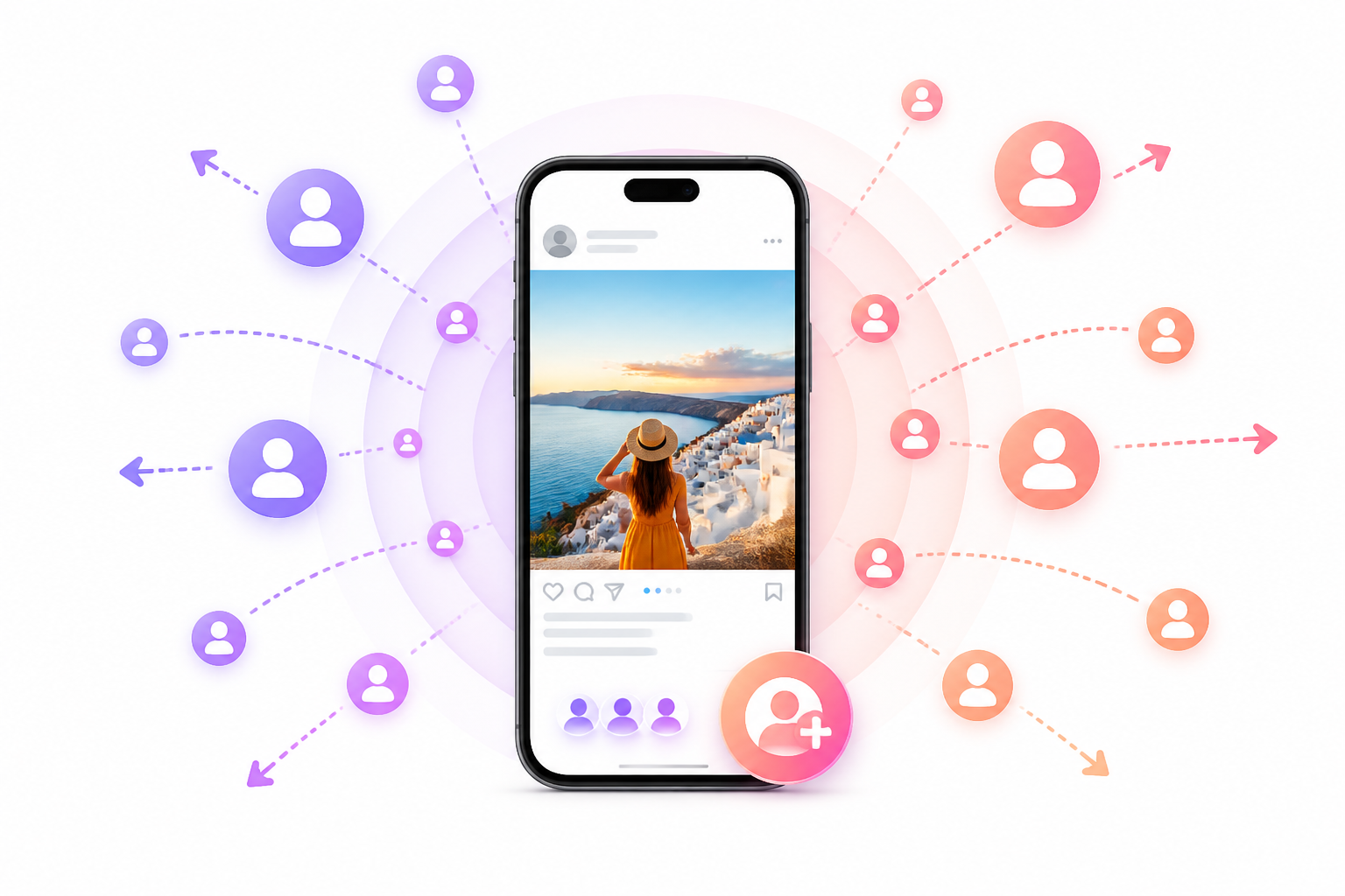 Instagram post reaching new audiences through discovery, with follower growth cues. Instagram post reaching new audiences through discovery, with follower growth cues.