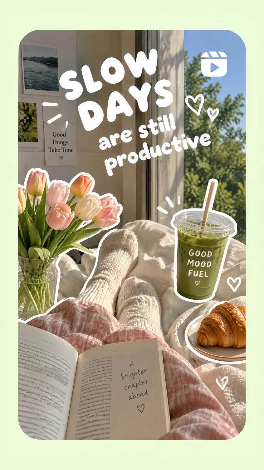 Arte para Stories do Instagram com cena de lifestyle aconchegante na cama e texto “Slow Days”