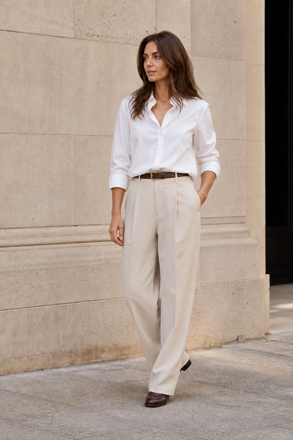ShowAI-generated everyday outfit with coordinated neutral layers and relaxed tailoring.
