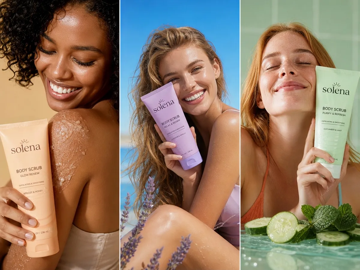 Três variações de posts para redes sociais com IA para produtos de esfoliante corporal Solena