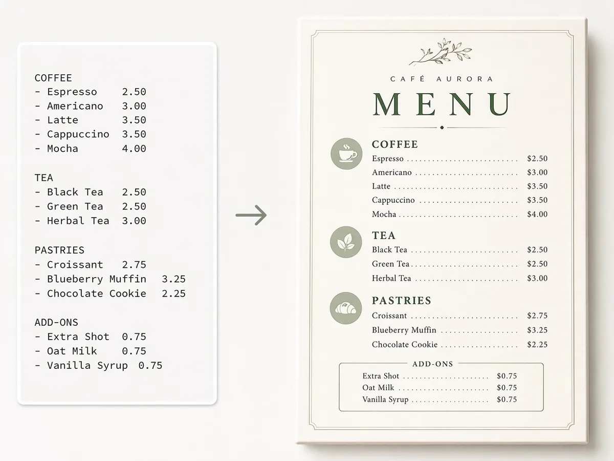 AI Turn Menu Text into Designed Posters