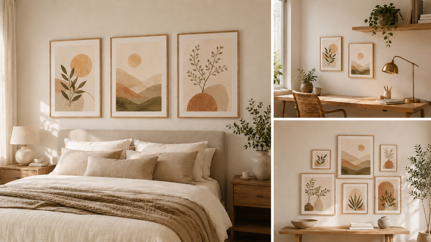 Same aesthetic poster set used above a bed, in a desk corner, and on a gallery wall