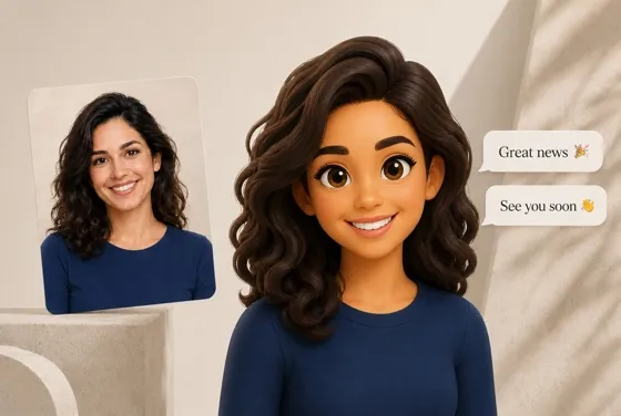 Womanâs portrait transformed into a 3D emoji avatar beside emoji-enhanced messages