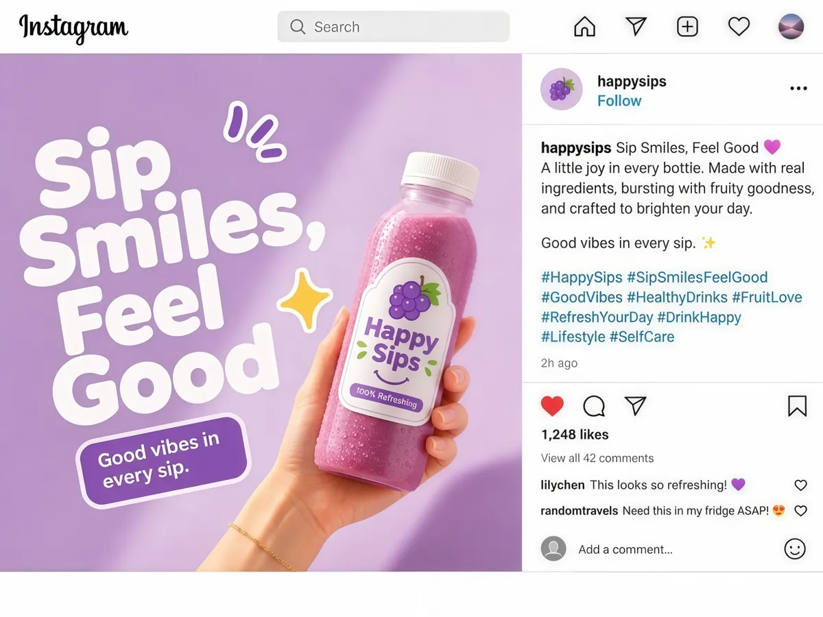 Post para Instagram da bebida Happy Sips com legenda e hashtags correspondentes