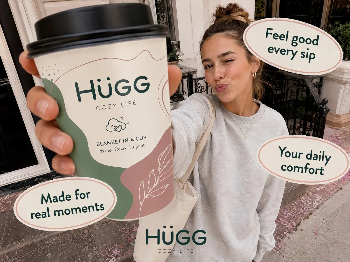 Post de lifestyle para redes sociais com um copo de café Hugg em um cenário urbano
