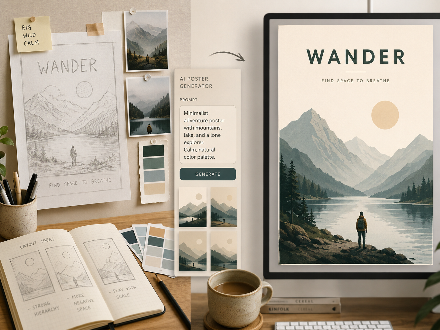 Rough poster sketch and AI poster generator prompt turning into a clean final poster draft
