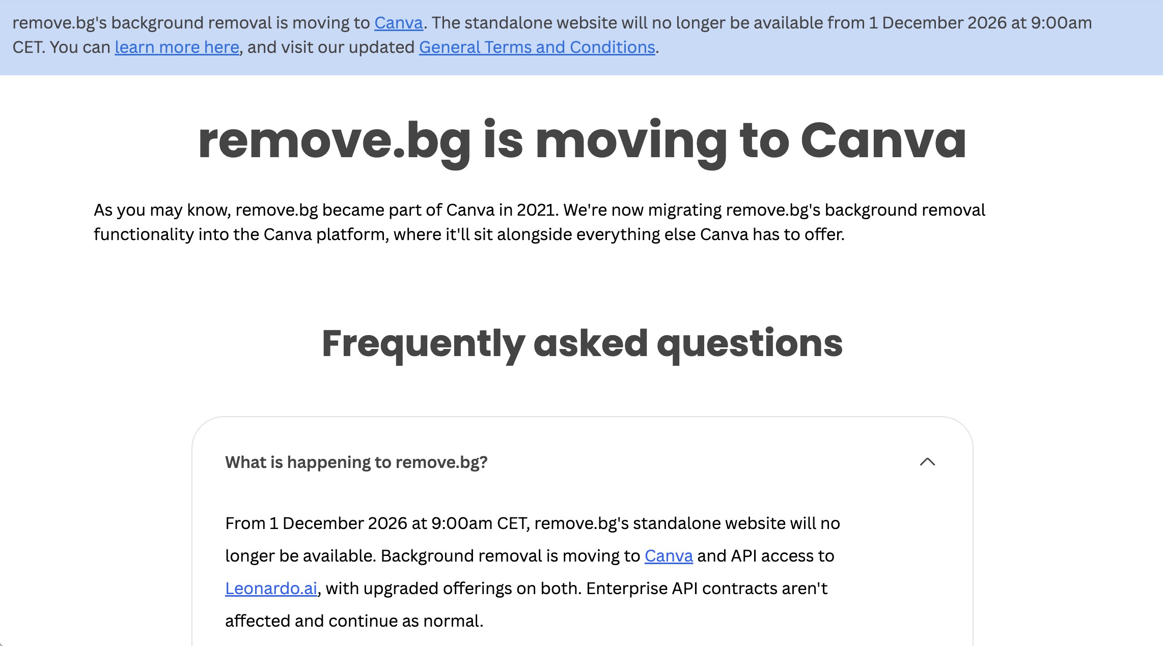 remove.bg FAQ page titled remove.bg is moving to Canva, explaining the standalone site closes on 1 December 2026