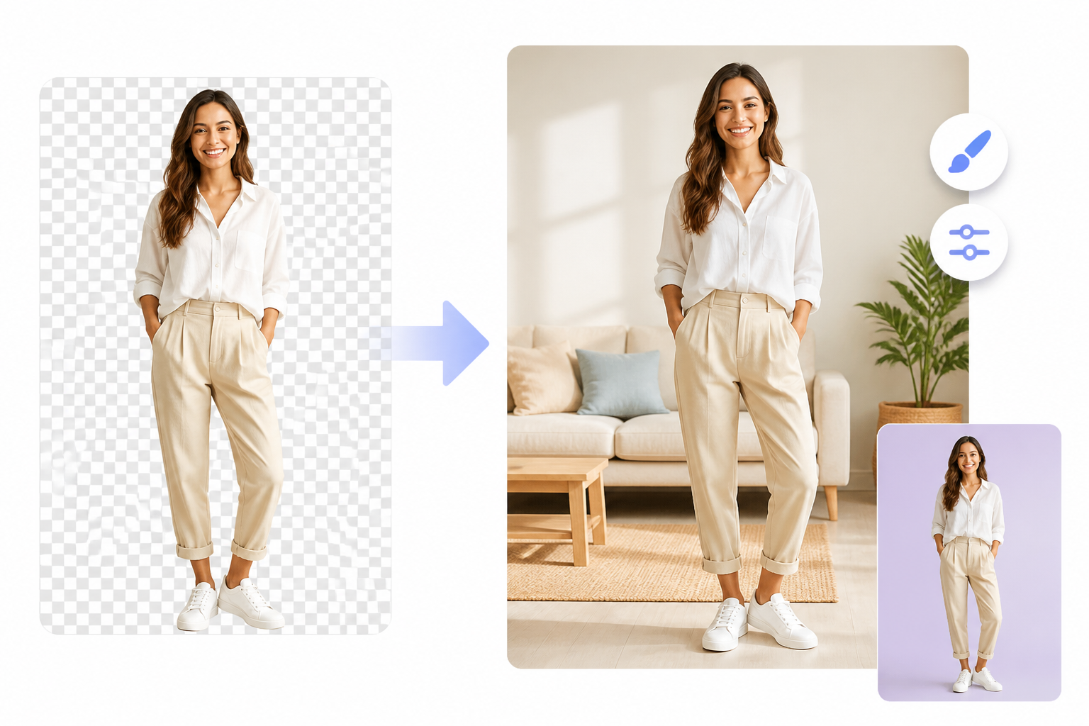 Cut-out subject on a transparent background replaced with a new solid color or lifestyle scene, then refined with editing tools. Cut-out subject on a transparent background replaced with a new solid color or lifestyle scene, then refined with editing tools.