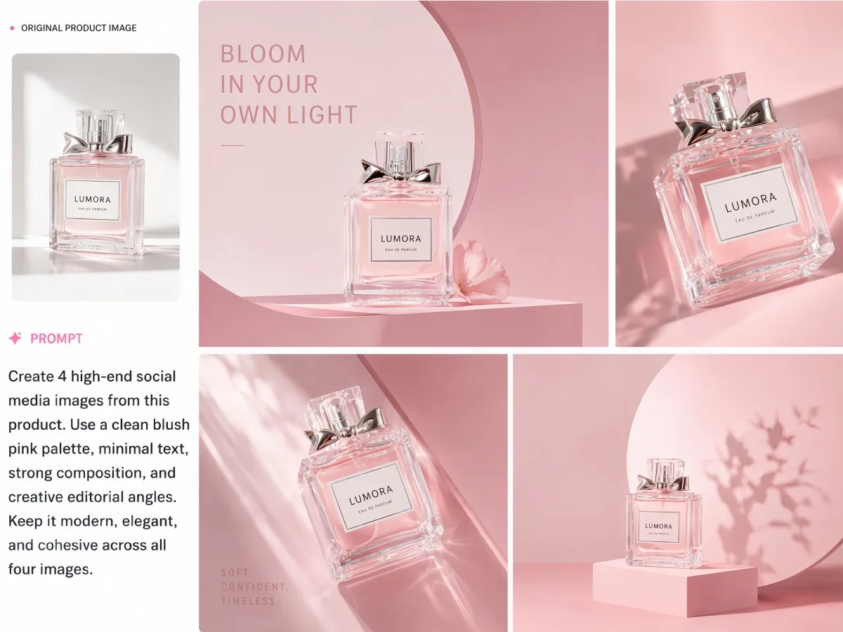 Foto de produto de perfume transformada em quatro imagens para redes sociais em tom rosa blush
