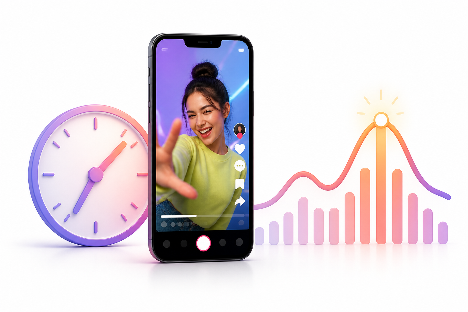 Phone with a short video beside a clock and activity curve highlighting the best time to post on TikTok.