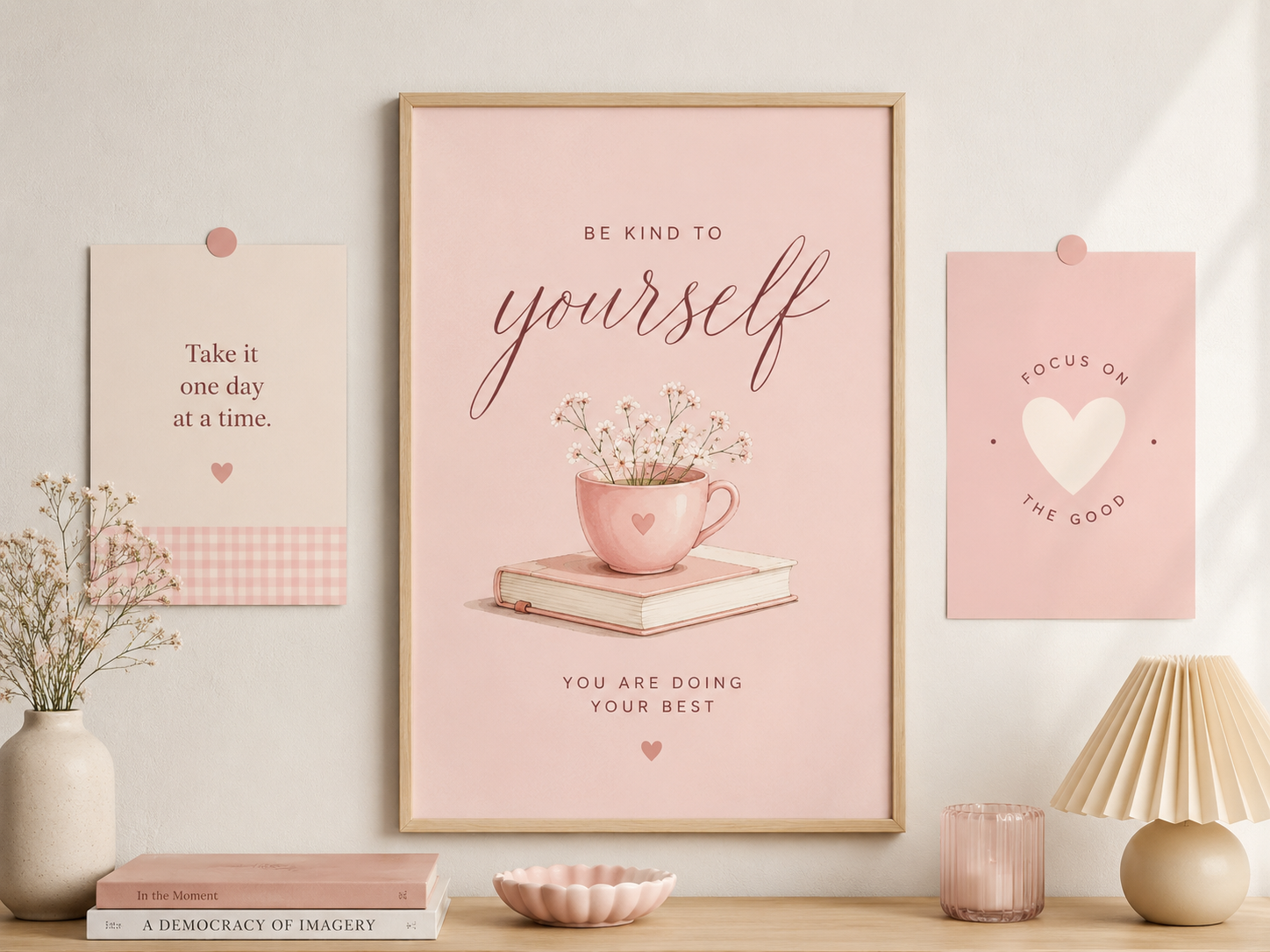 Cute pink aesthetic poster set with one main print and two simple supporting posters