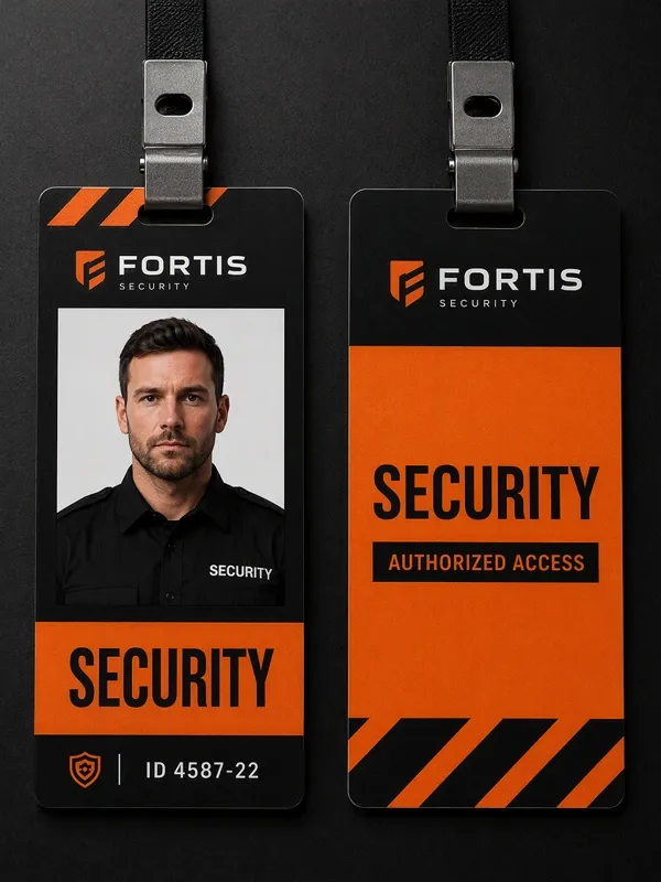 Employee ID card design with portrait area, name, job title, department, and organization details.