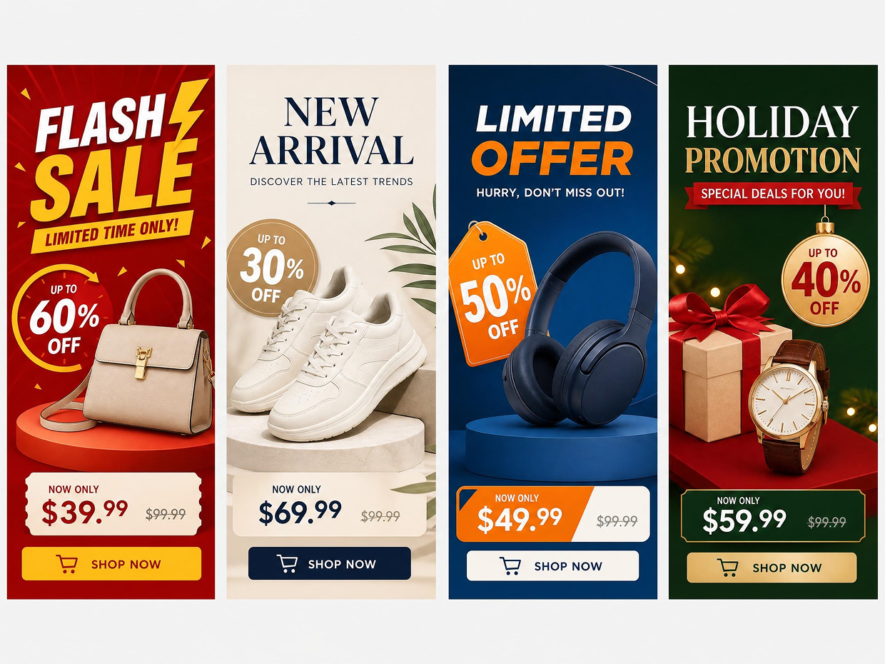 AI-generated promotional posters for e-commerce sales and seasonal campaigns