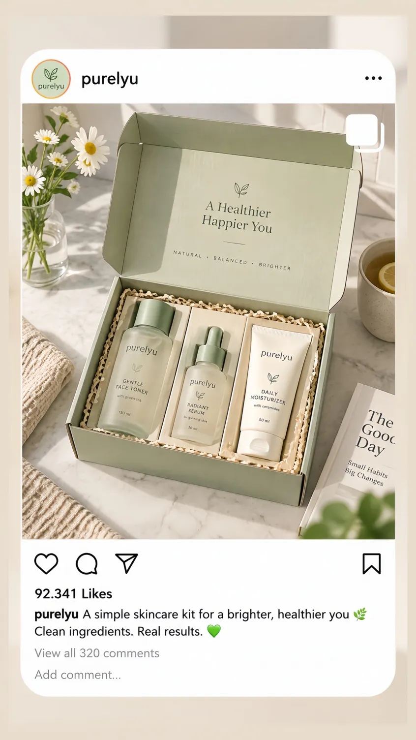 Post do feed do Instagram para um kit de cuidados com a pele da purelyu com legenda