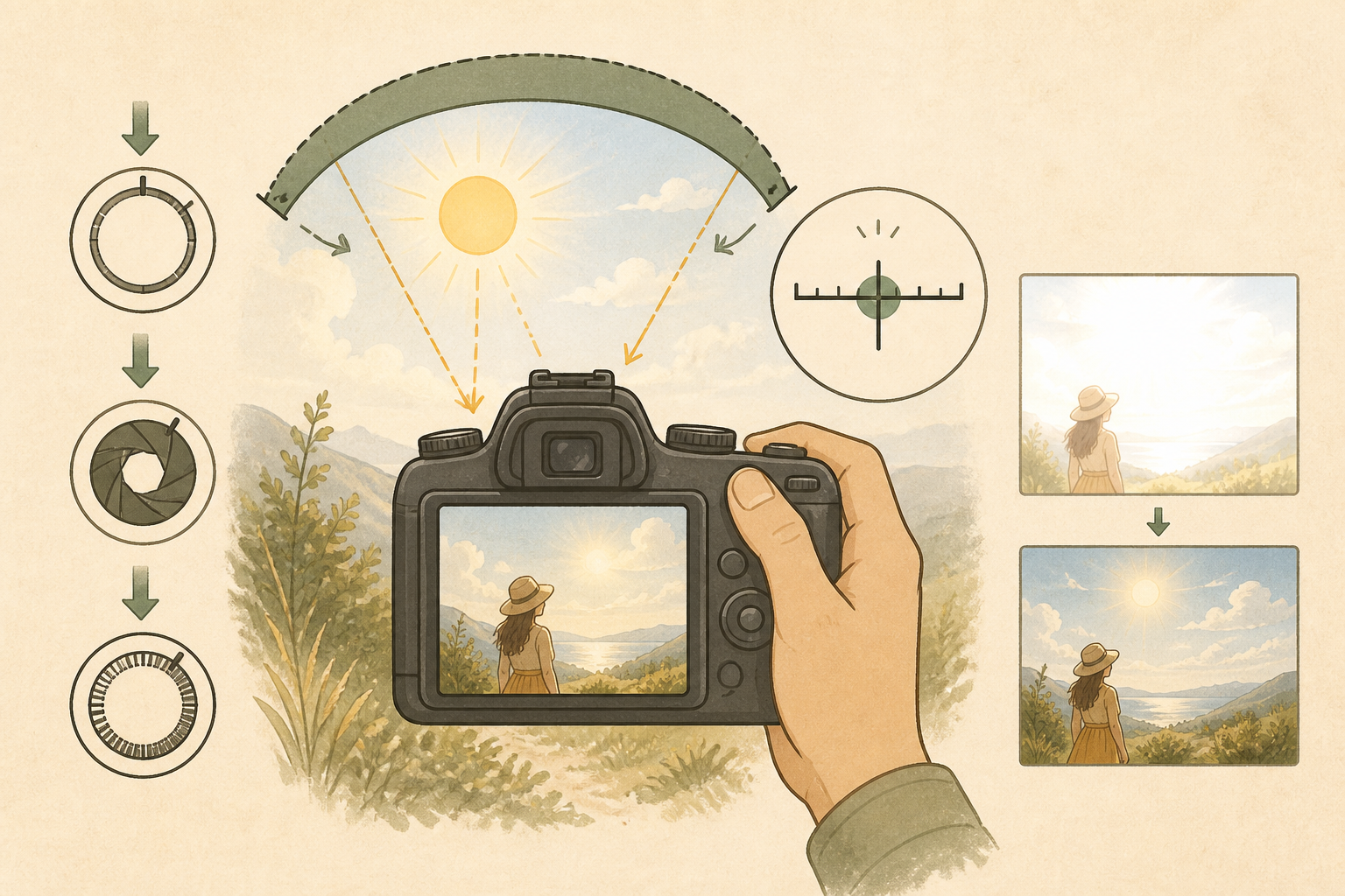 Illustration of checking camera exposure and protecting bright highlights to prevent overexposed photos when shooting. Illustration of checking camera exposure and protecting bright highlights to prevent overexposed photos when shooting.
