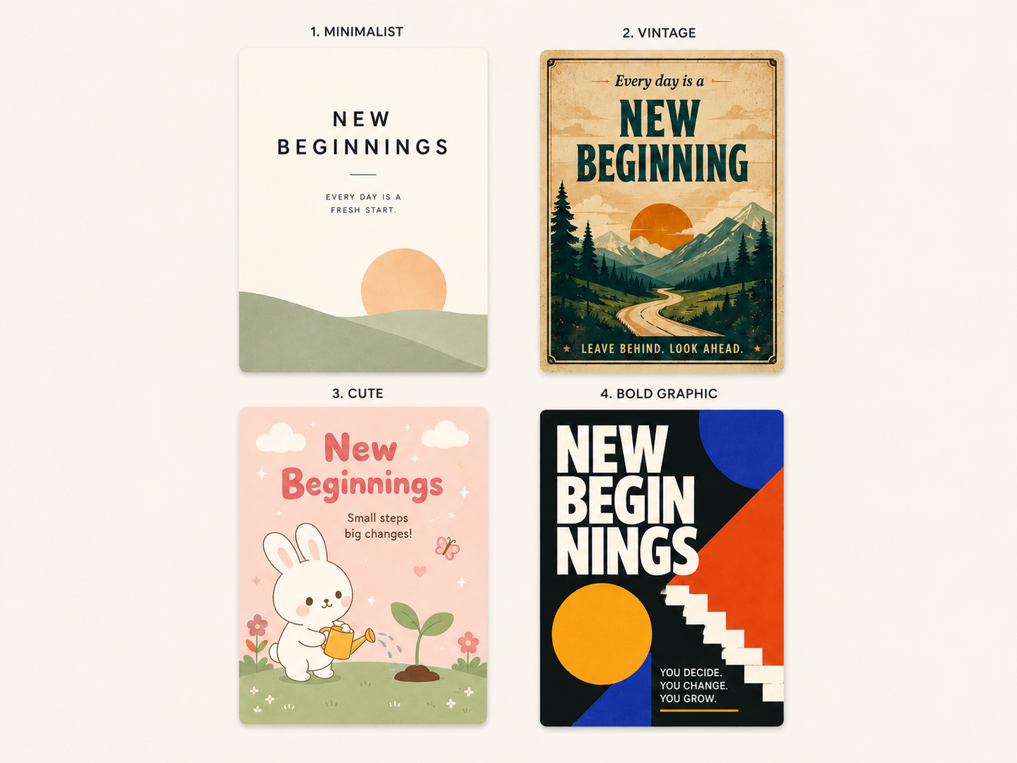Four aesthetic poster style cards showing minimalist, vintage, cute, and bold graphic designs