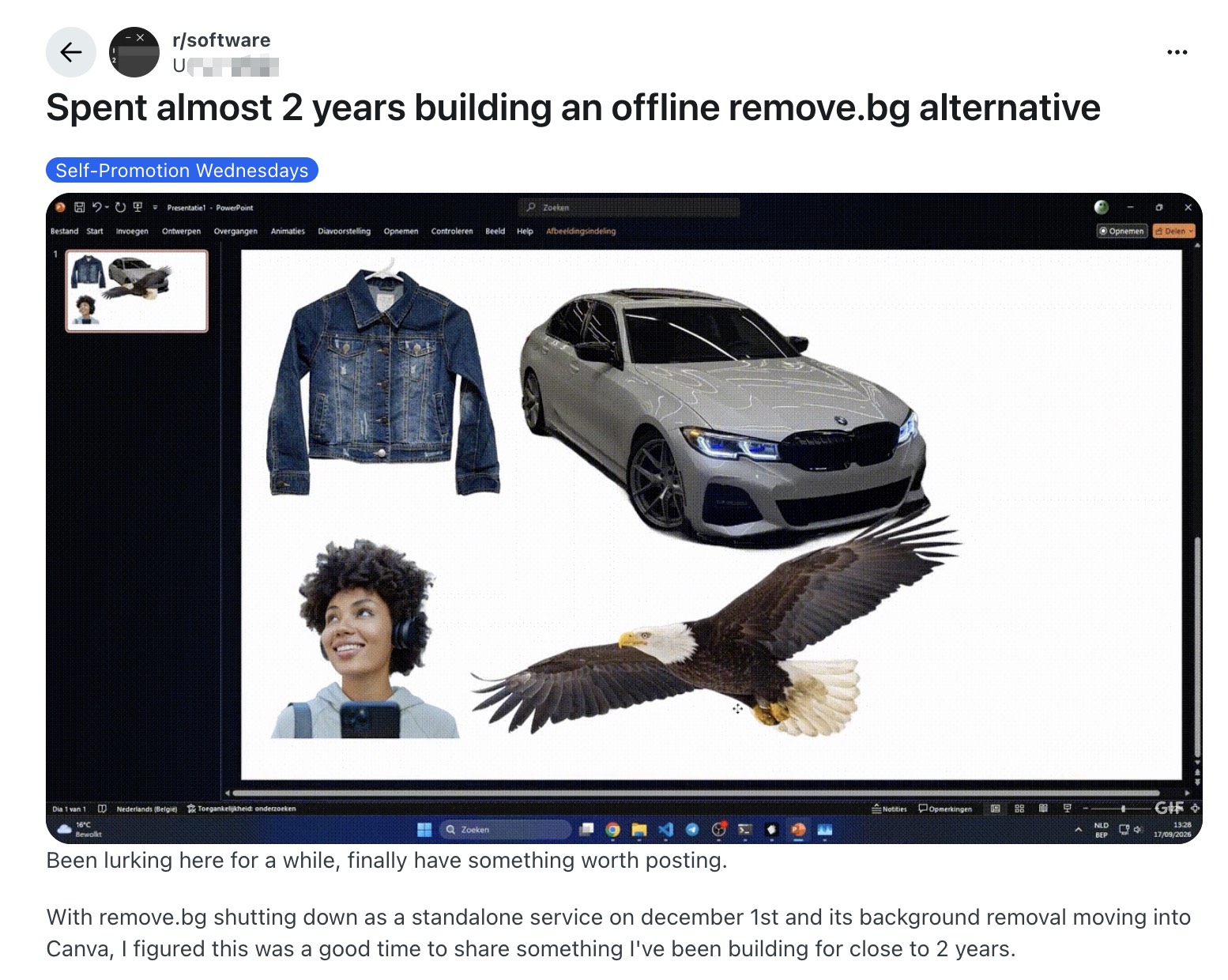Reddit post in r/software about building an offline remove.bg alternative after the Canva migration announcement