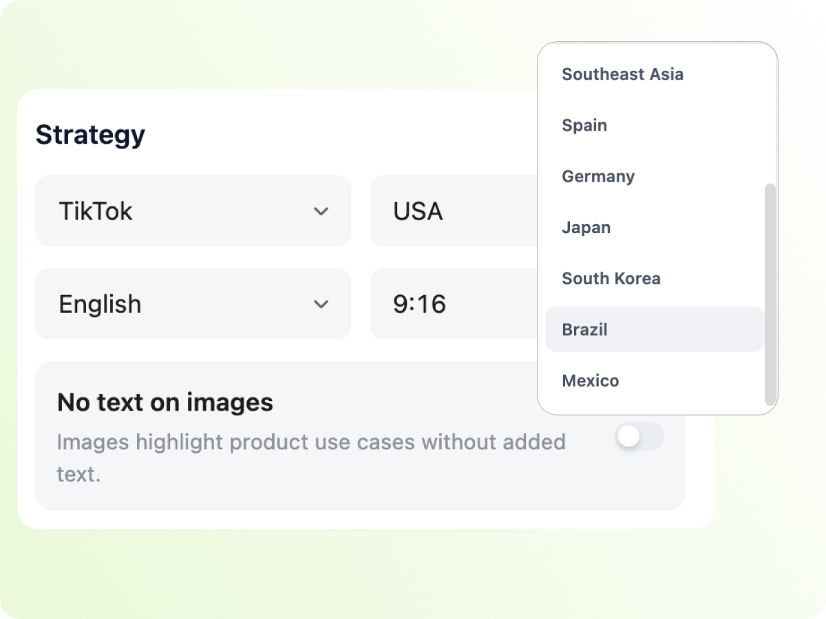 choose the platform, market, language, and aspect ratio