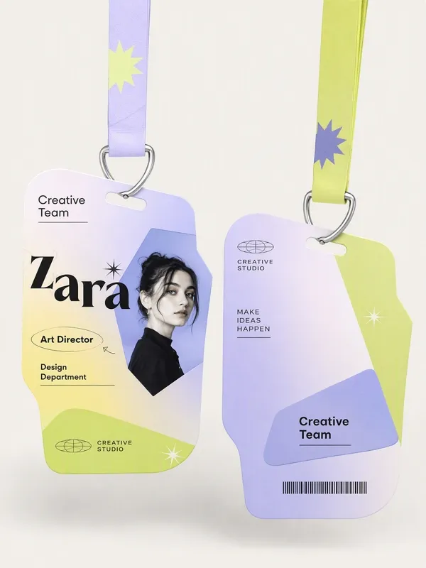 Employee ID card design with portrait area, name, job title, department, and organization details.